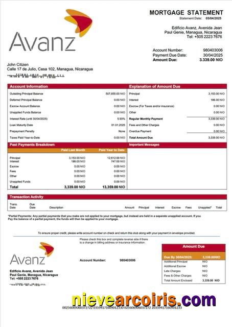 Nicaragua Banco Avanz mortgage statement Word and PDF template